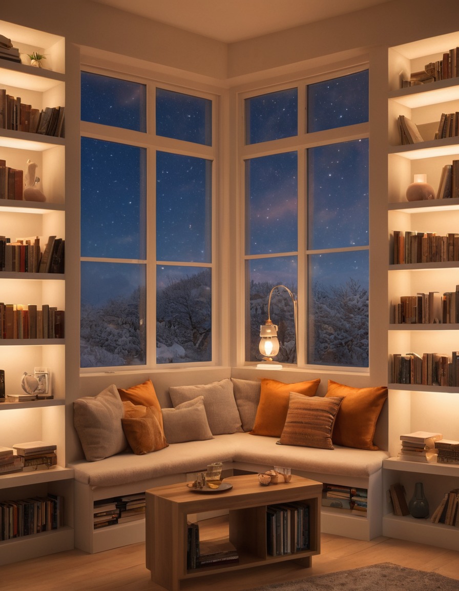 cozy, reading corner, window seat, books, mood lighting, home, interior