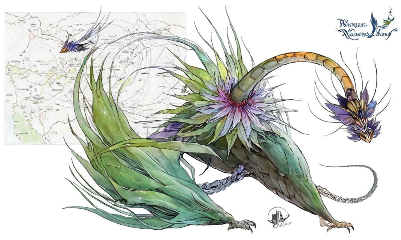 petals, spikes, tail, thistle, thorns, whip, wings, wyvern