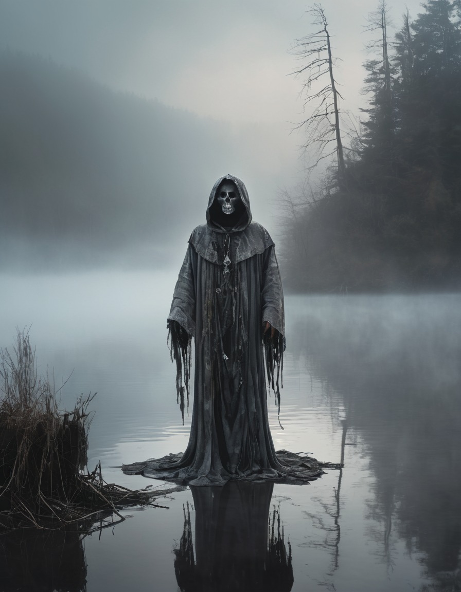 spectral figure, tattered robes, floating, fog-covered lake, apparition, gothic, underground, dark