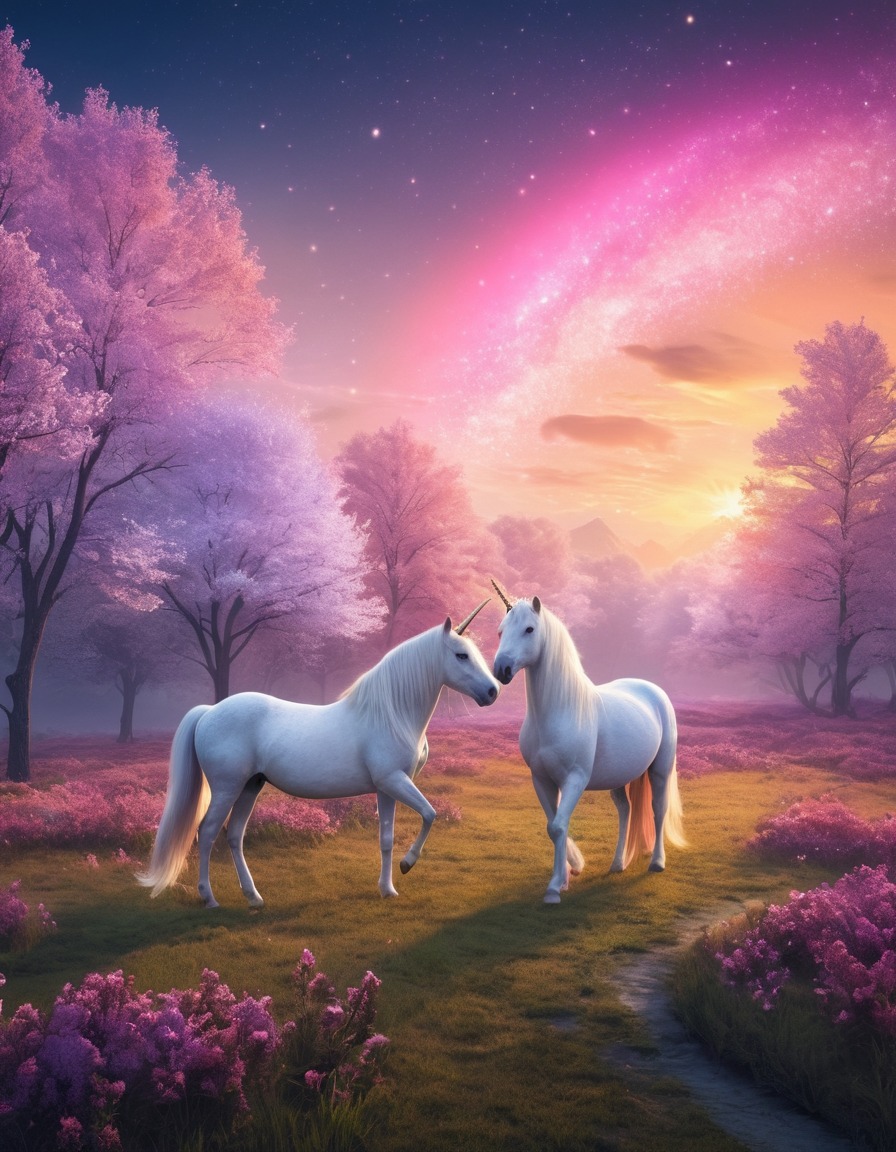 unicorns, meadow, aurora, serene, fantastic