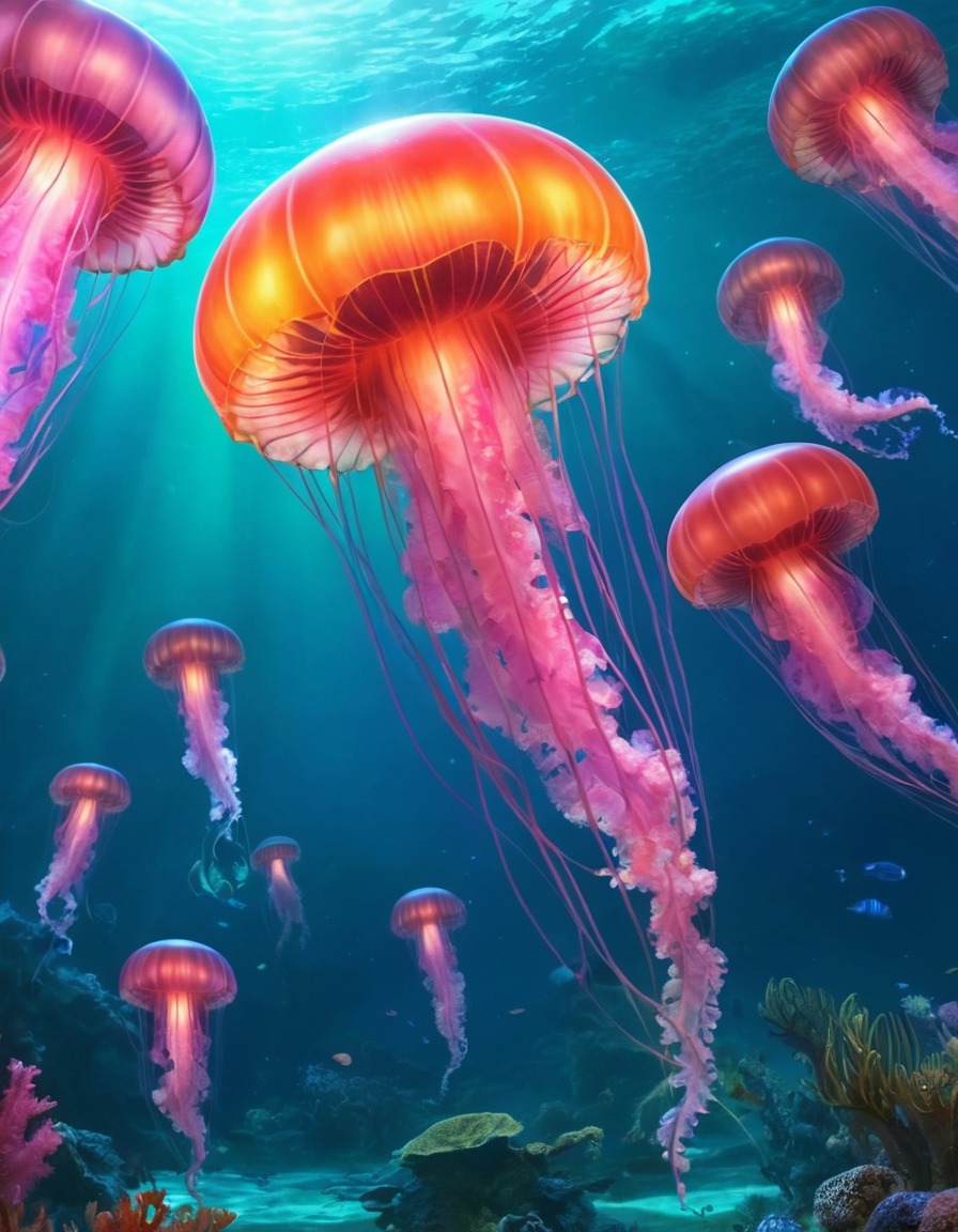 giant jellyfish, luminous sea, alien creatures, colorful, underwater wildlife, extraterrestrial, aliens