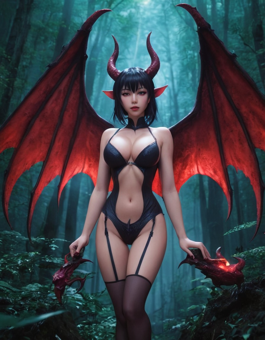 succubus, dark forest, lost traveler, supernatural, fantasy, horror