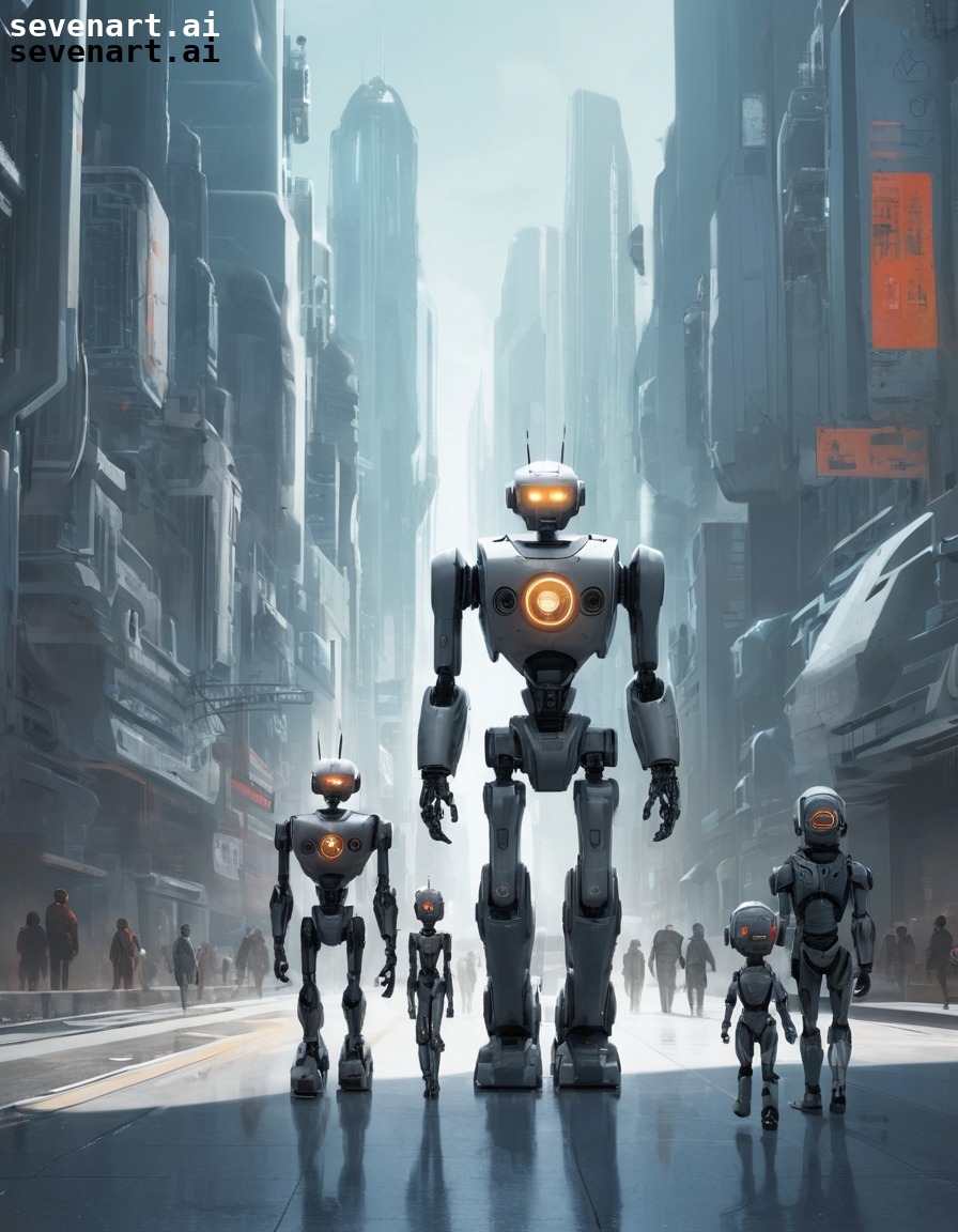 futuristic, robot, family, city, technology, robots