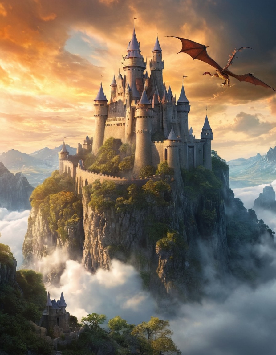 castle, clouds, dragons, fantasy, ancient, fantastic