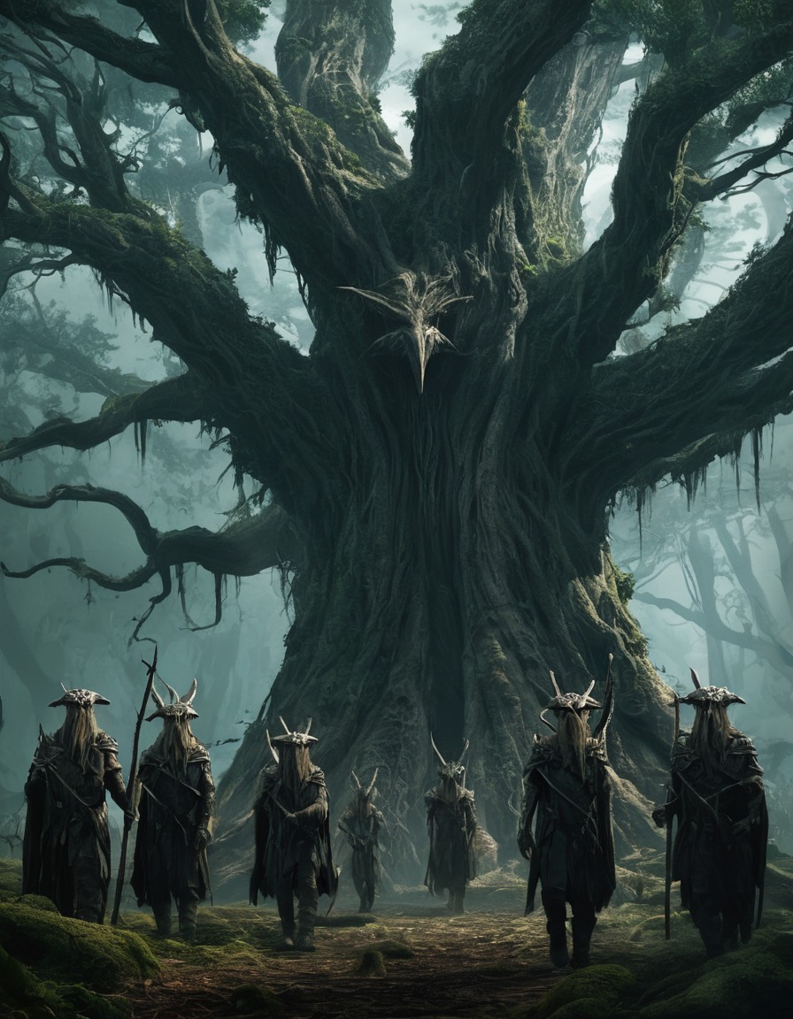 Illustrate the Ents, the ancient tree-like guardians of Fangorn Forest ...