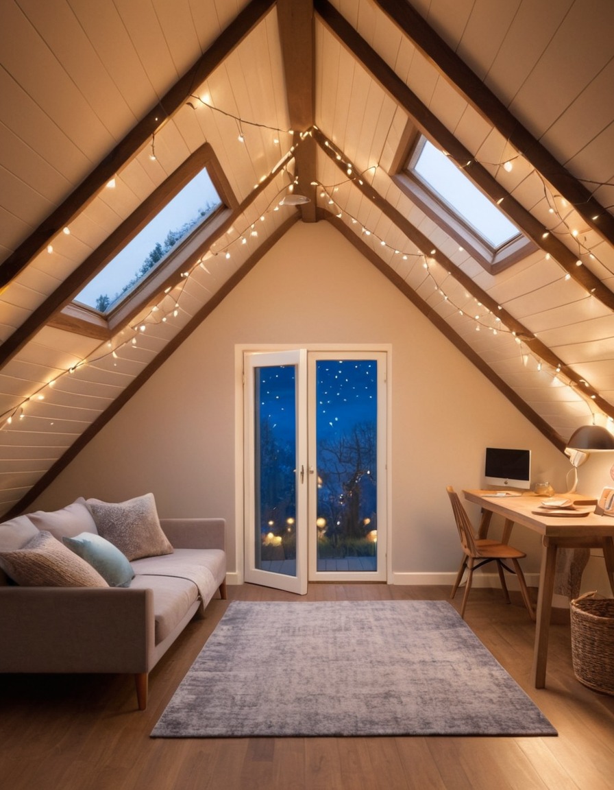 attic room, cozy, slanted ceilings, fairy lights, interior design, home, interior