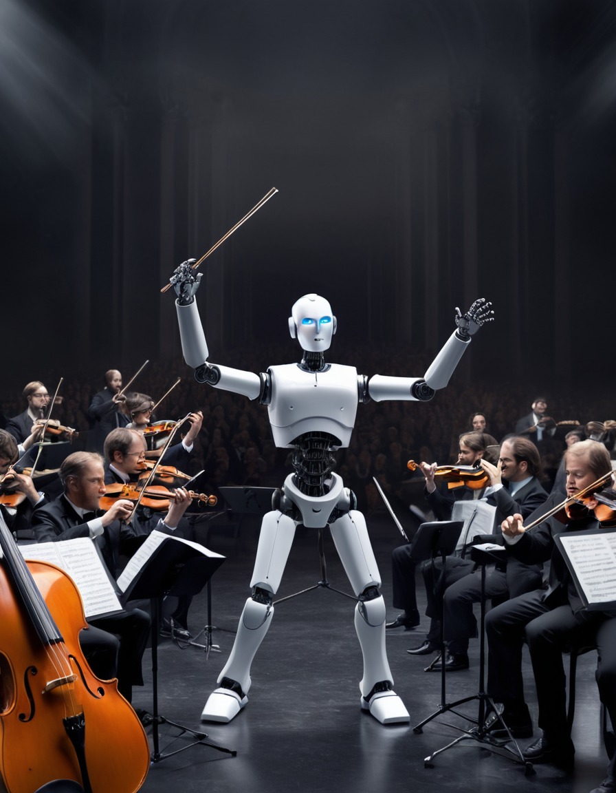 robot, orchestra, conductor, futuristic, music, robots