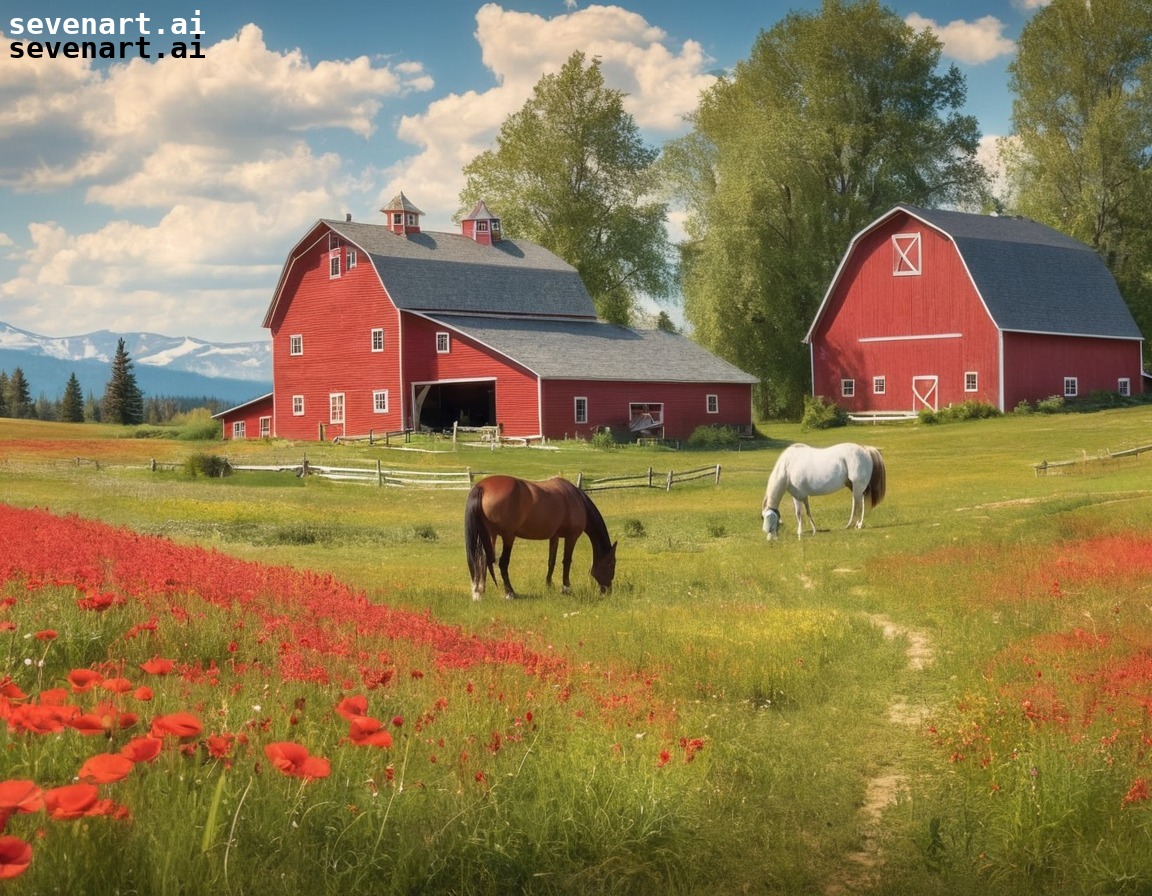 farmhouse, red barn, wildflowers, horses, countryside, house, home