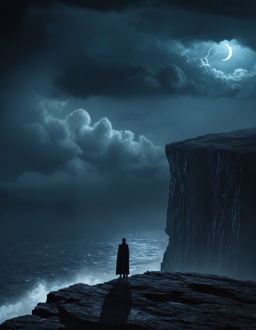 loneliness, solitude, moonlight, storm, cliff, nature, contemplation, gothic, underground, dark