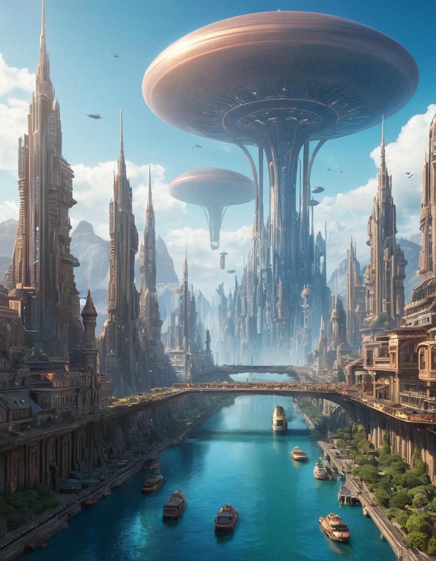 extraterrestrial, cityscape, towering structures, floating transportation, aliens