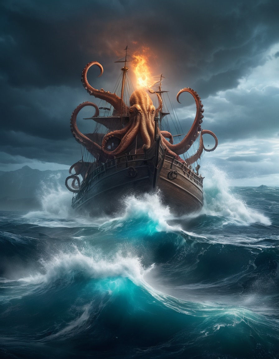 kraken, nordic, seascape, epic, monster, ocean, storm.