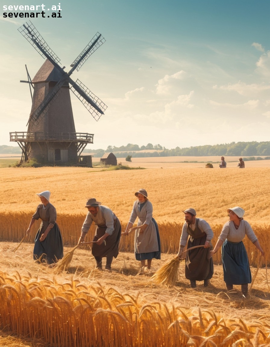 peasants, harvesting, wheat, field, windmill, middle ages