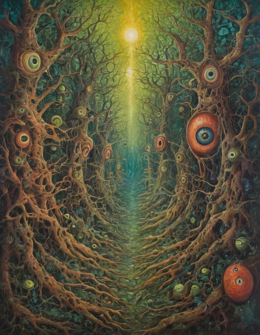 fantasy, surrealism, forest, trees, eyes, mouths, surreal