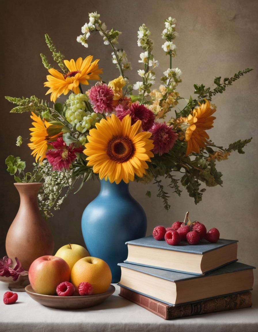 still life, vase, flowers, fruit, books, composition