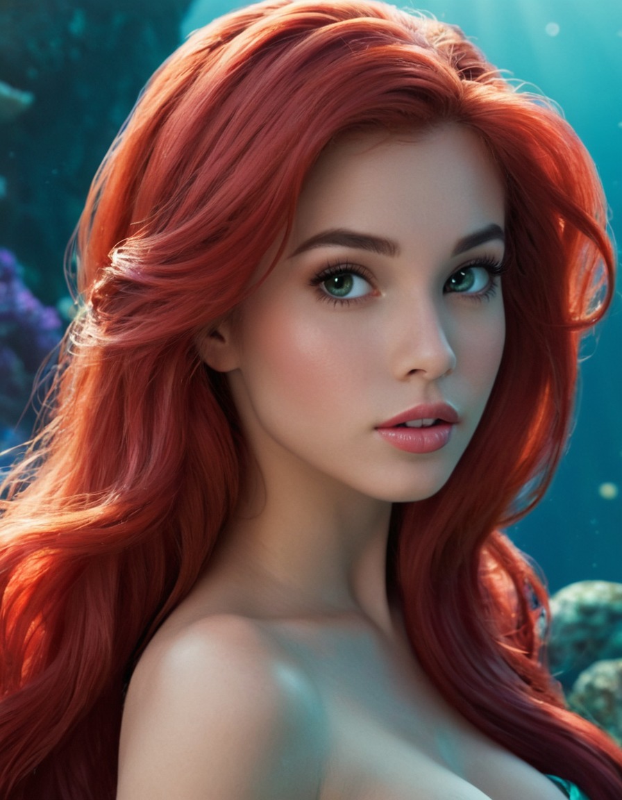 ariel (the little mermaid), disney princess, mermaid, redhead, underwater, magical, transformation