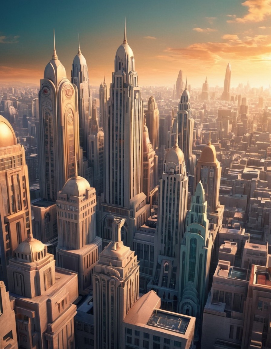 city skyline, buildings, art deco, architecture