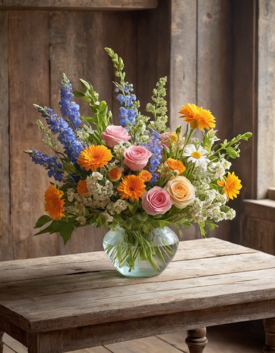 flowers, bouquet, fresh, fragrant, wooden table, home, interior