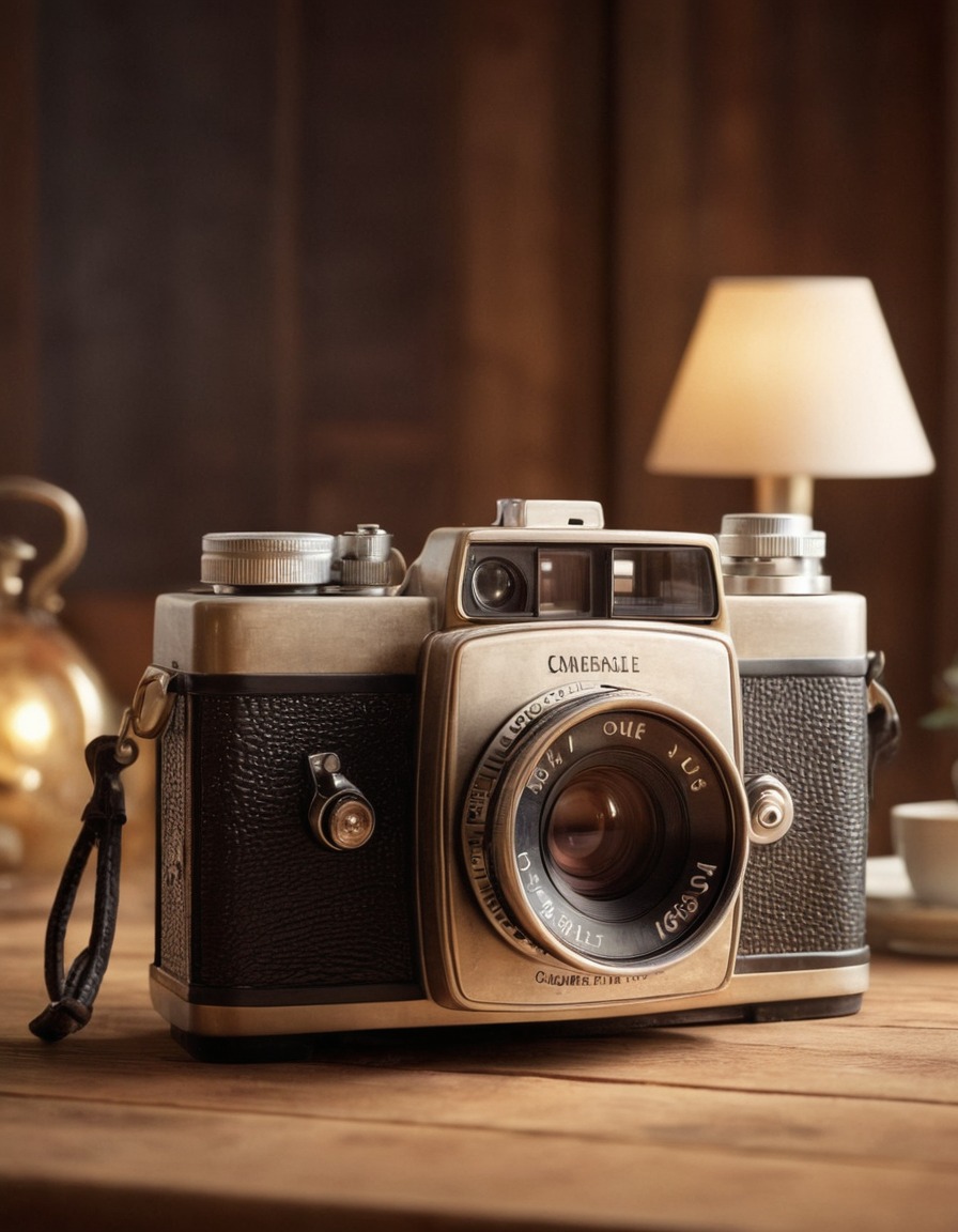 vintage, film camera, wooden desk, soft lighting