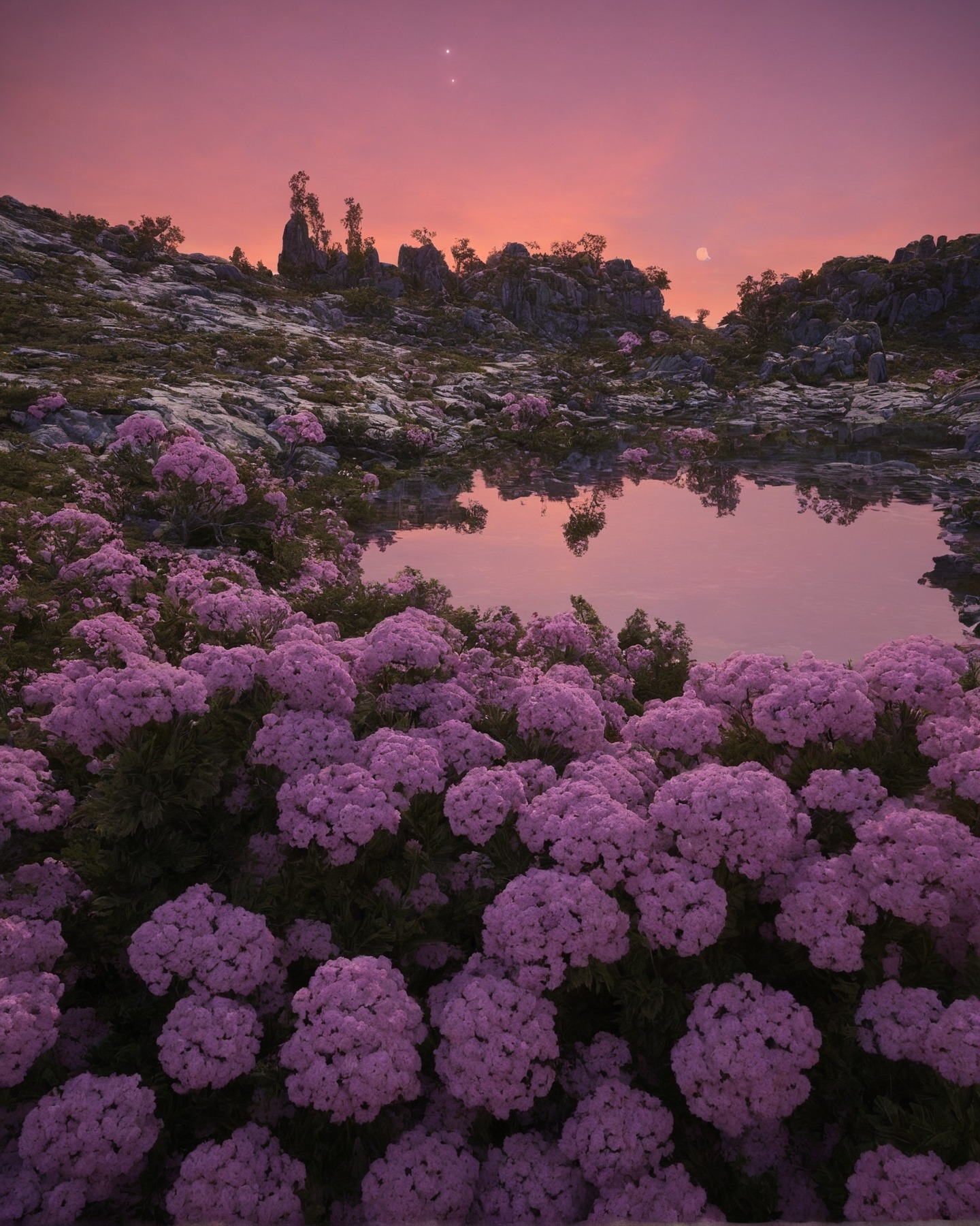 japan, hydrangea, purple, sunset, flowers, flowercore, naturecore, colorful skies