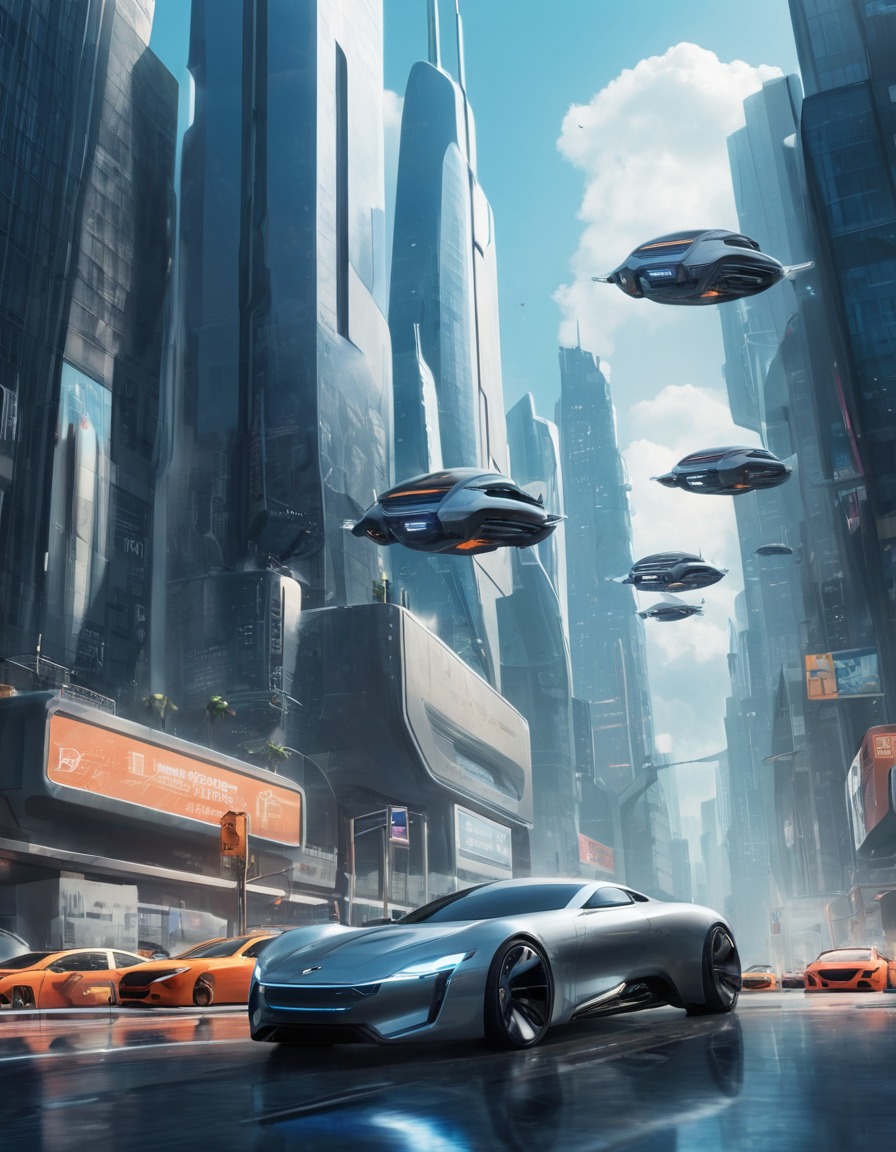 futuristic, urban, skyline, skyscrapers, flying cars, technology