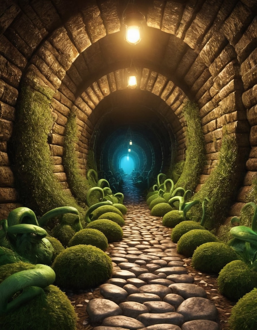 labyrinth, twisting tunnels, mischievous goblins, fantasy, subterranean creatures, adventure, magical