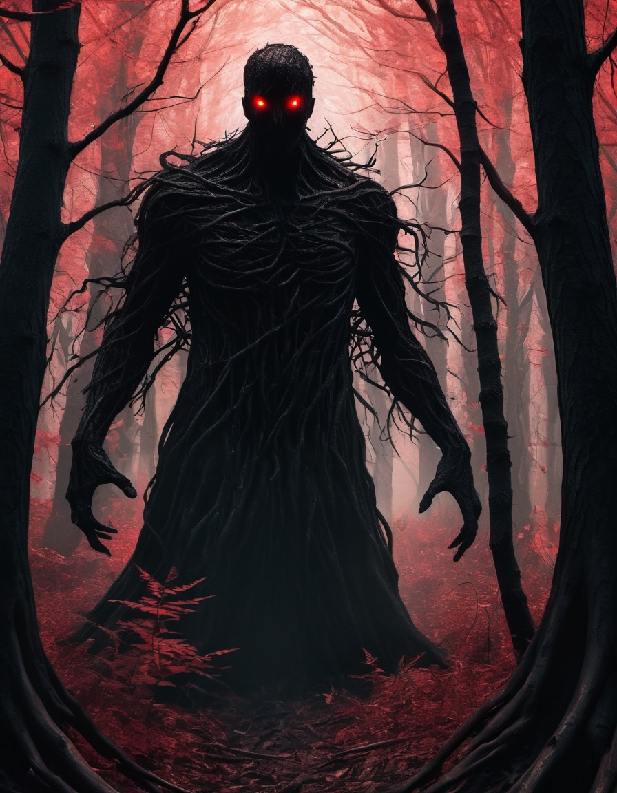 darkness, mysterious, shadowy figure, twisted forest, gothic, underground, dark