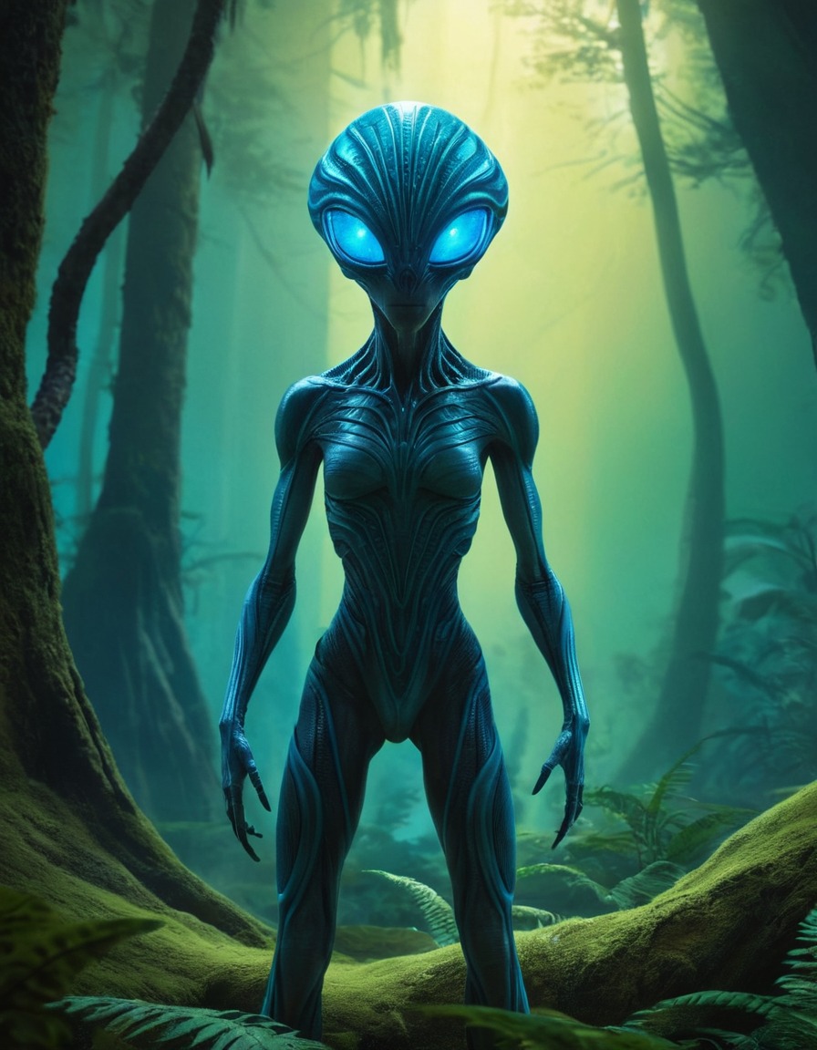 alien creature, bioluminescent patterns, glowing forest, distant planet, extraterrestrial, aliens