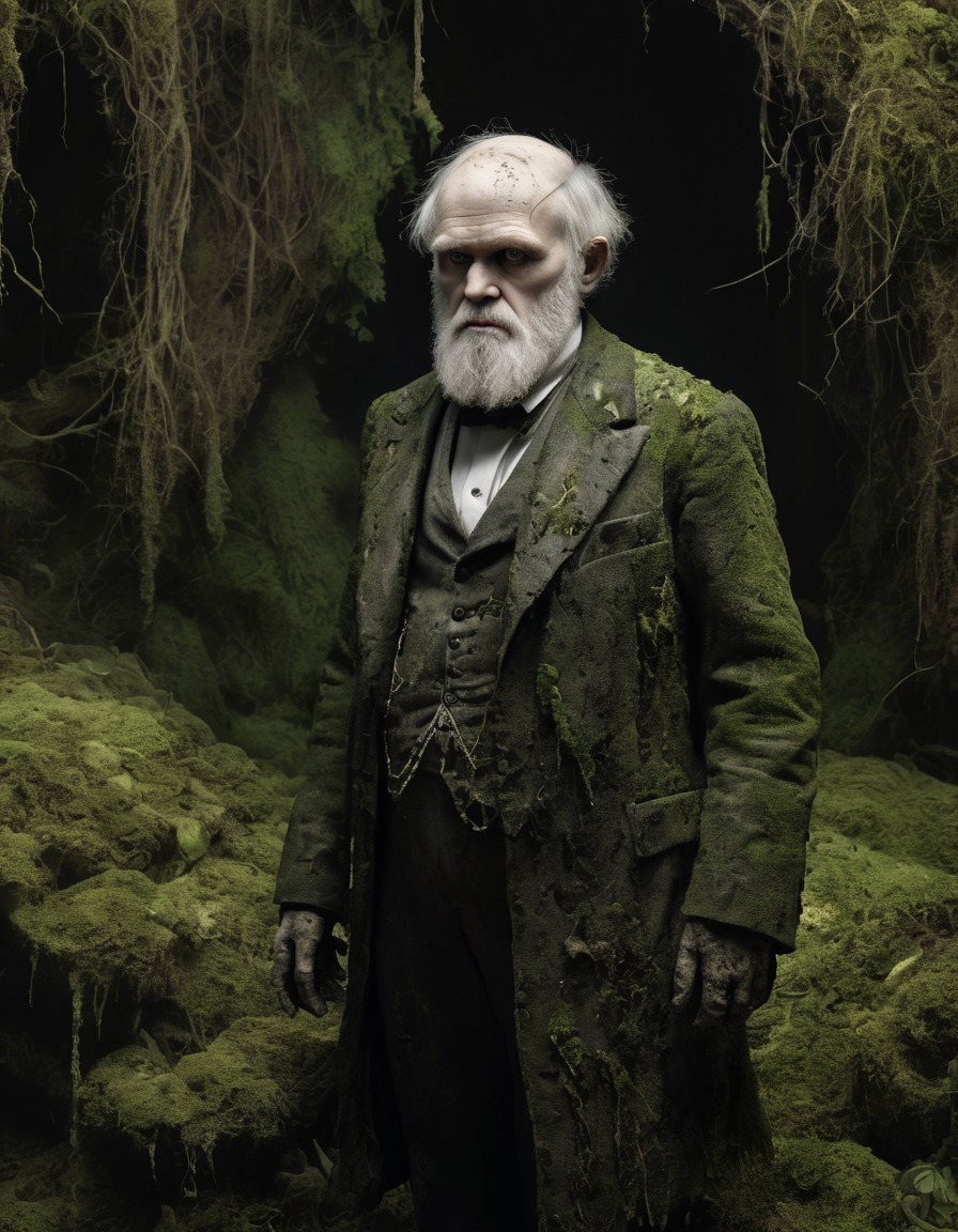 charles darwin, victorian era, moss, dirt, decay, haunting gaze, zombie