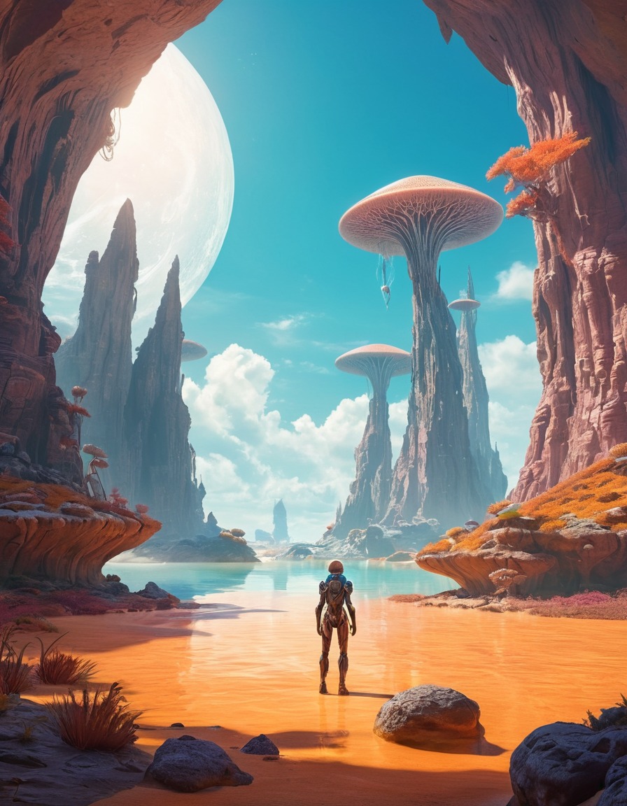 alien, exploration, surreal, floating islands, strange rock formations, extraterrestrial, aliens