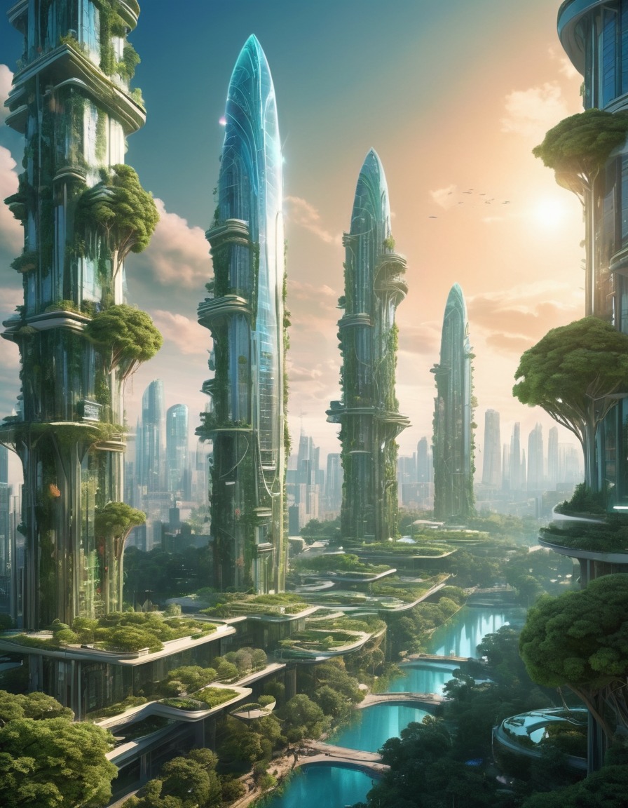 futuristic city, holographic trees, greenery, high-rise buildings, nature and technology, urban landscape, nature, city