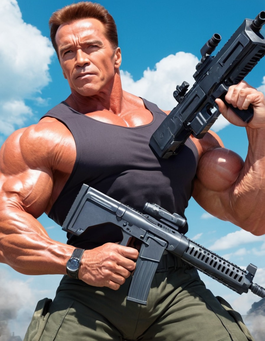 arnold schwarzenegger, anime, hero, sci-fi, battle, futuristic, politics