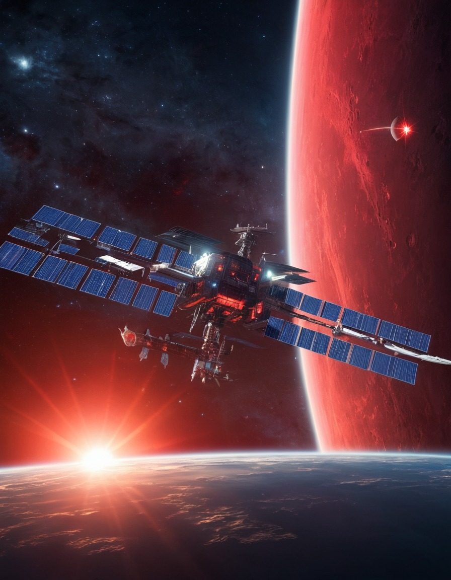 space station, orbiting, mysterious, glowing red star, space scene, exploration, mystery