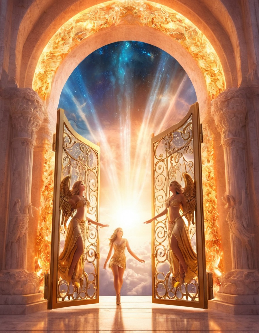 heaven, angels, gates, glowing, breathtaking view, celestial beings