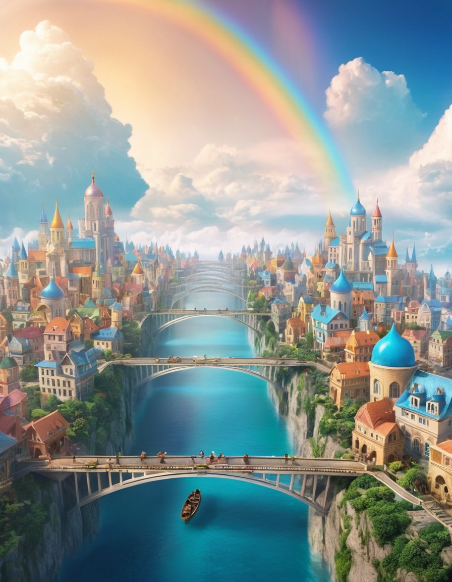 floating city, clouds, rainbow bridges, fantasy scene, skytopia