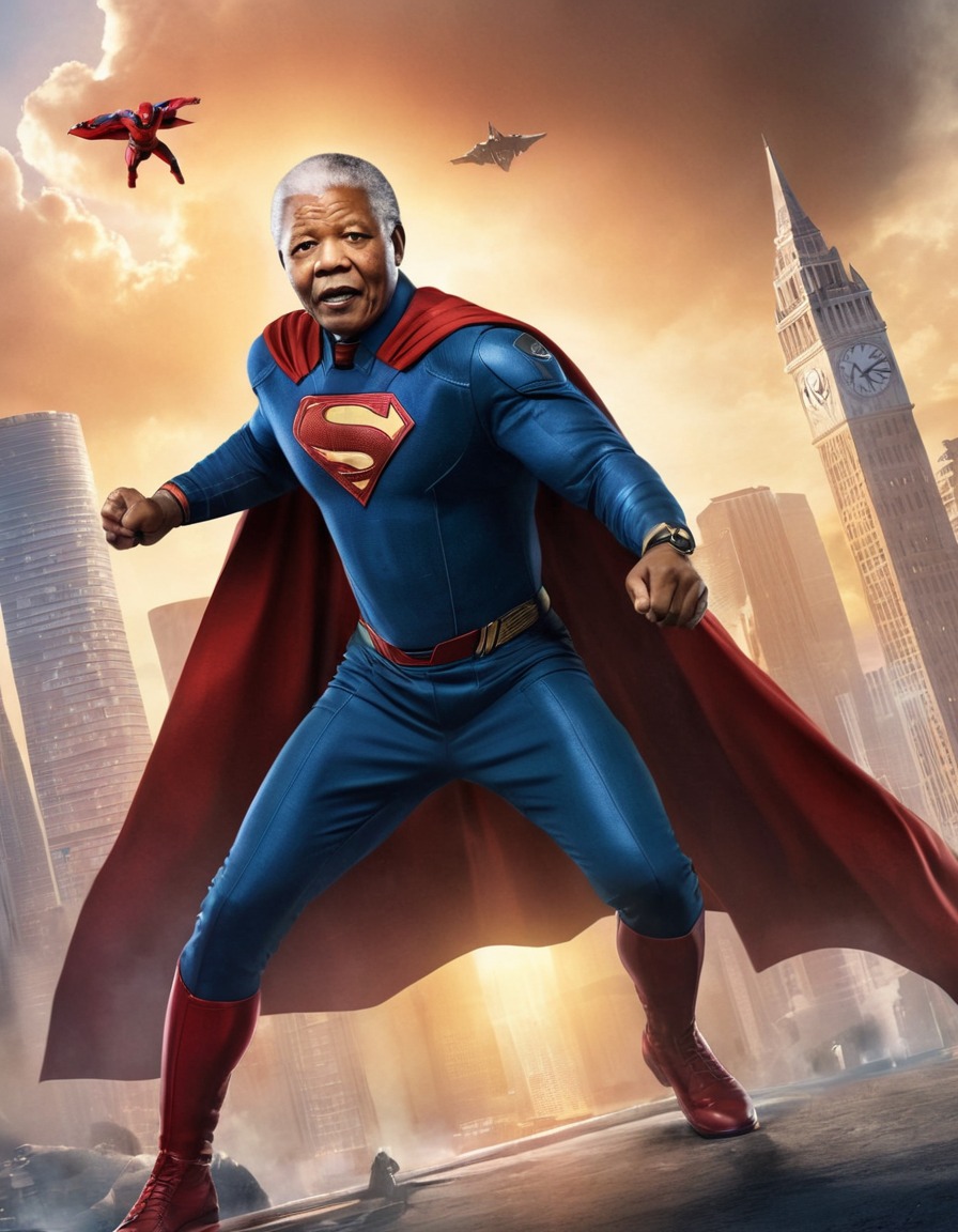 nelson mandela, superhero, futuristic city, justice, activism