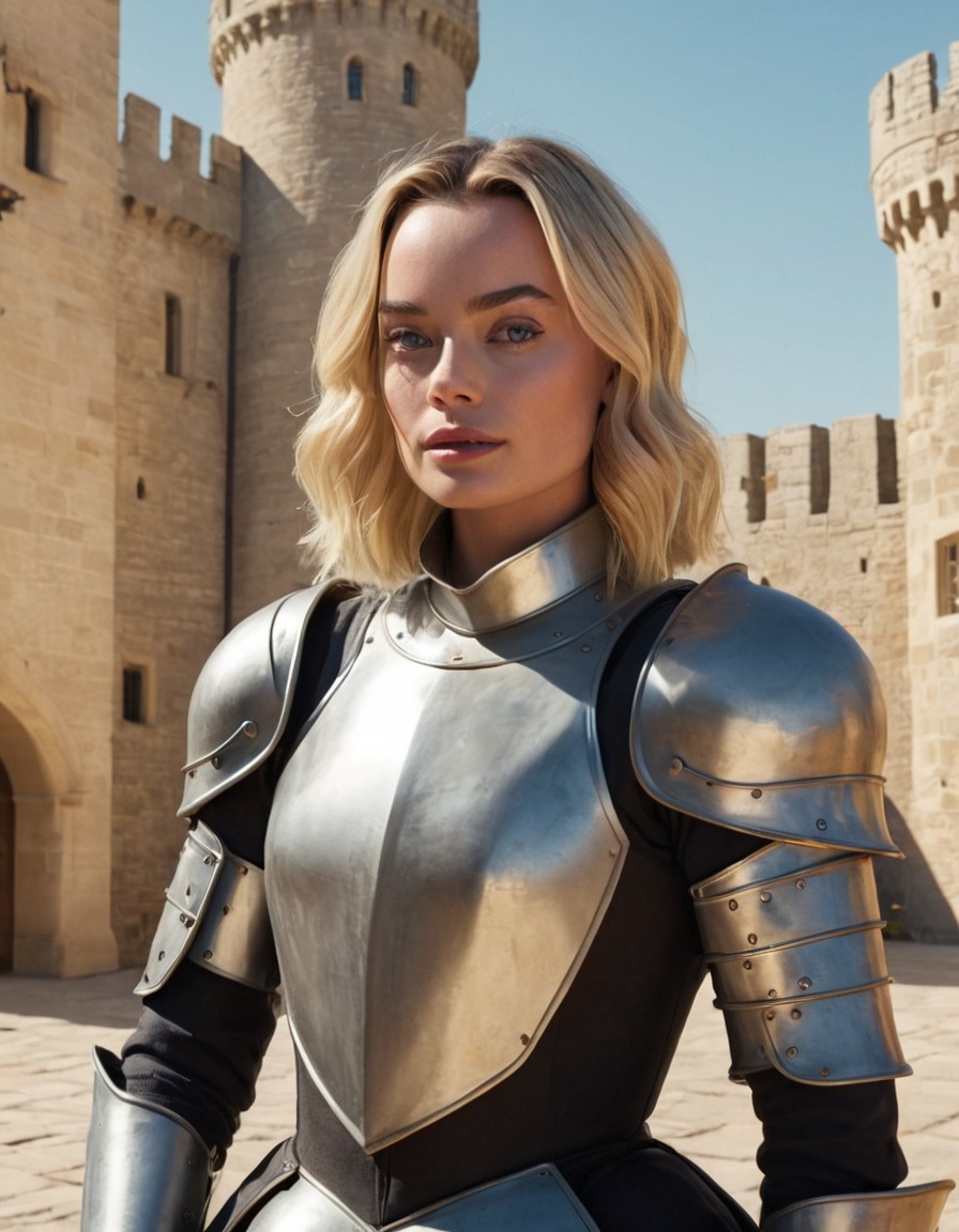 margot robbie, castle, courtyard, painting, portrait, knight, shining armor