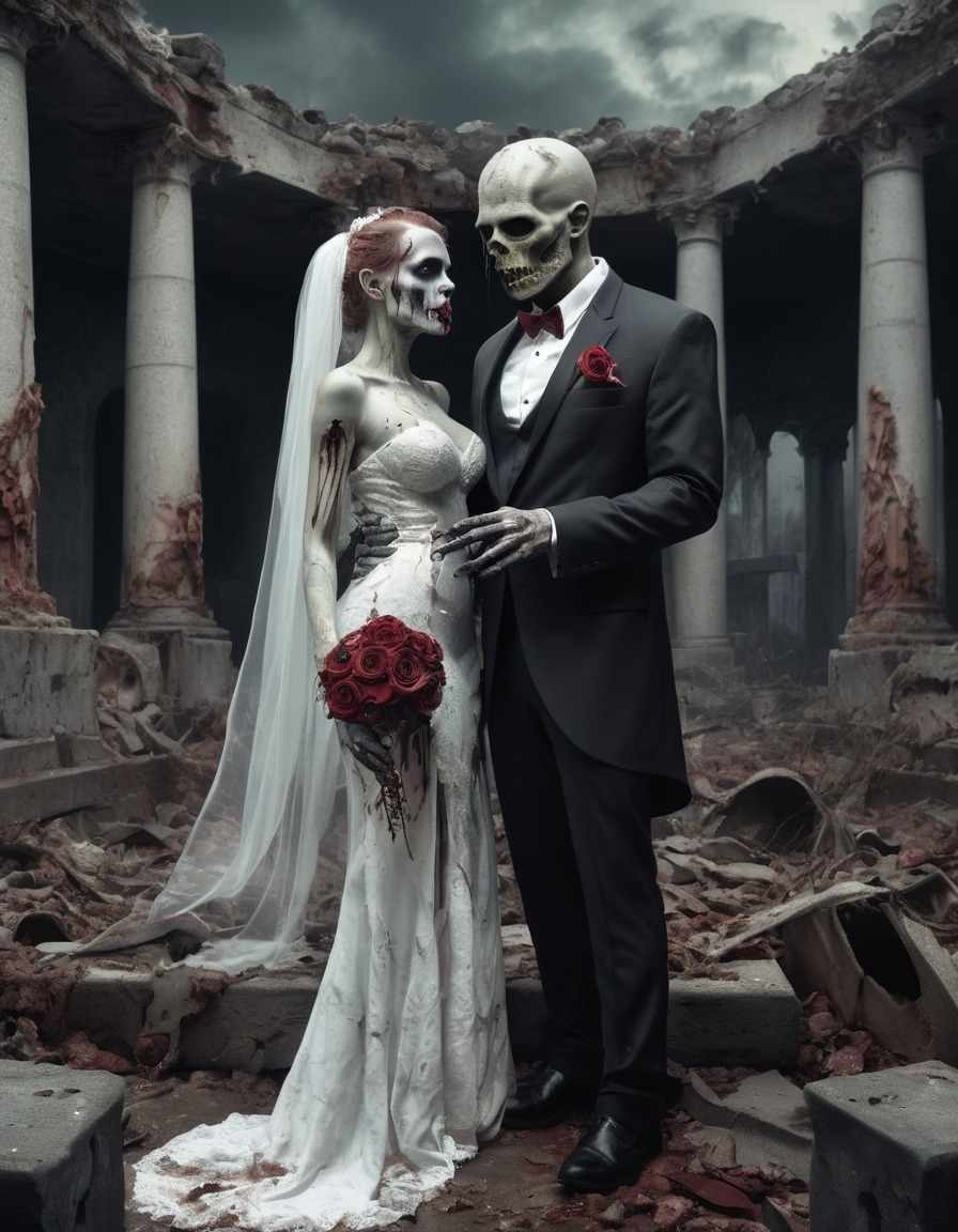 zombie, wedding, undead, decay, ruins