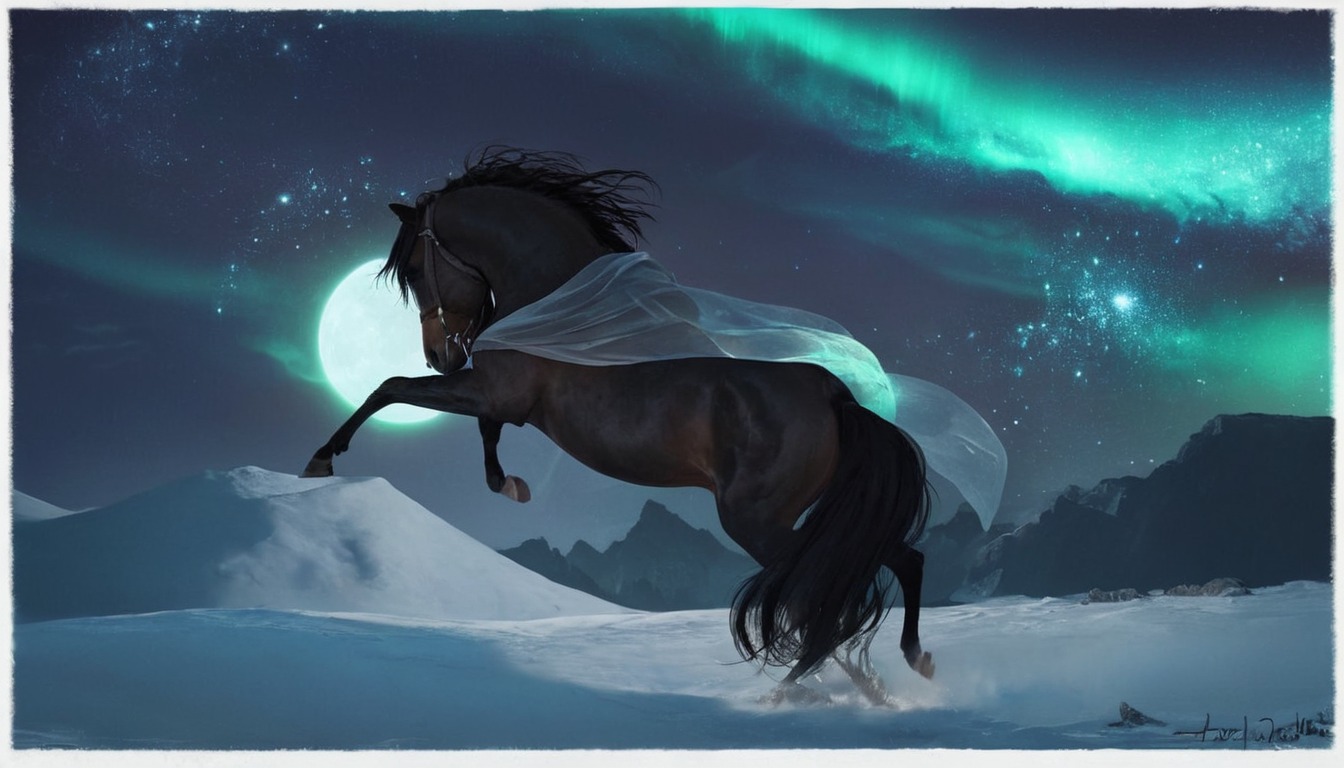 horse, horseart, horsedrawing, lights, magic, magical, mythology, night, nordic, norse, wolf, horseartwork