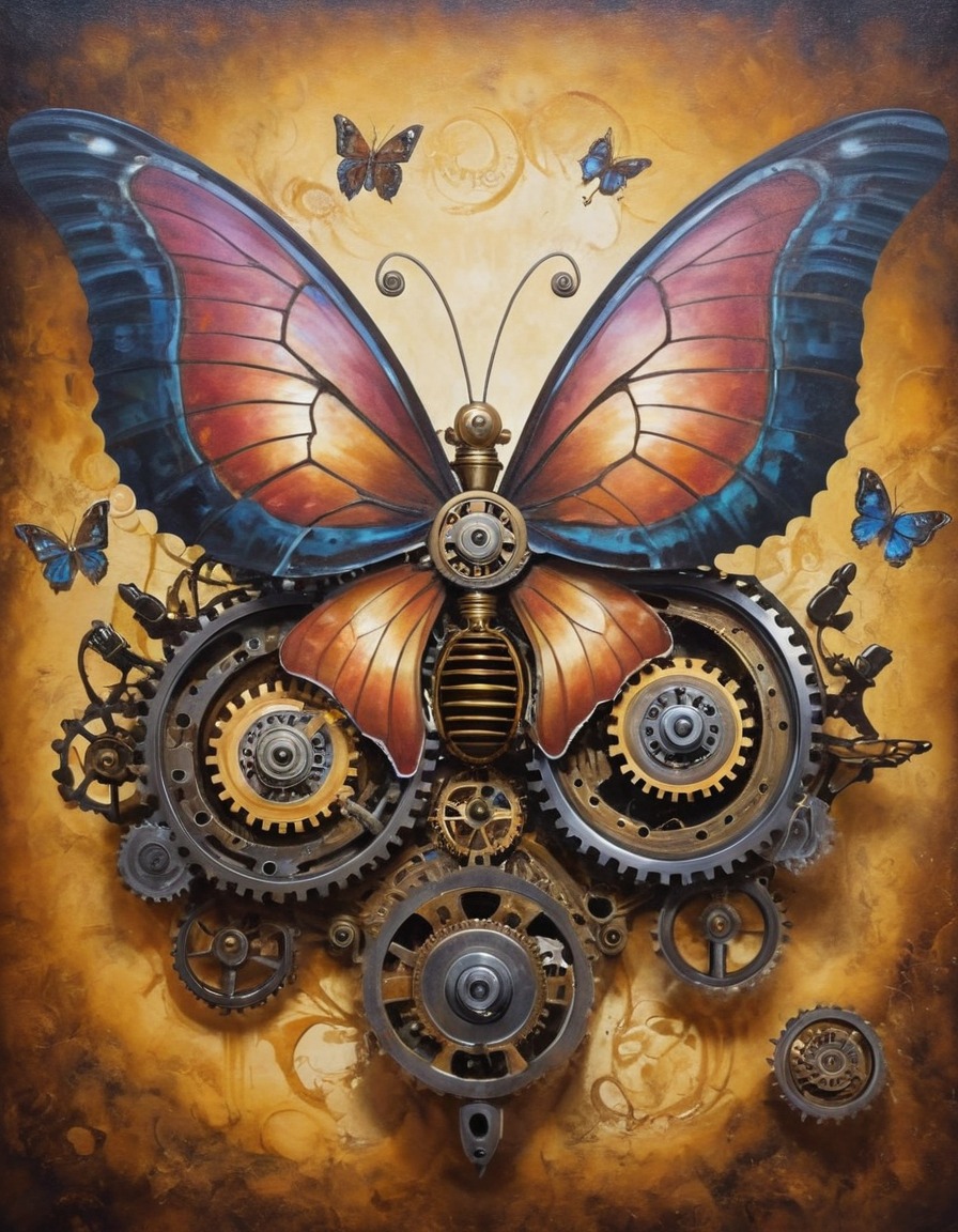 clockwork creature, surreal, gears, butterfly wings