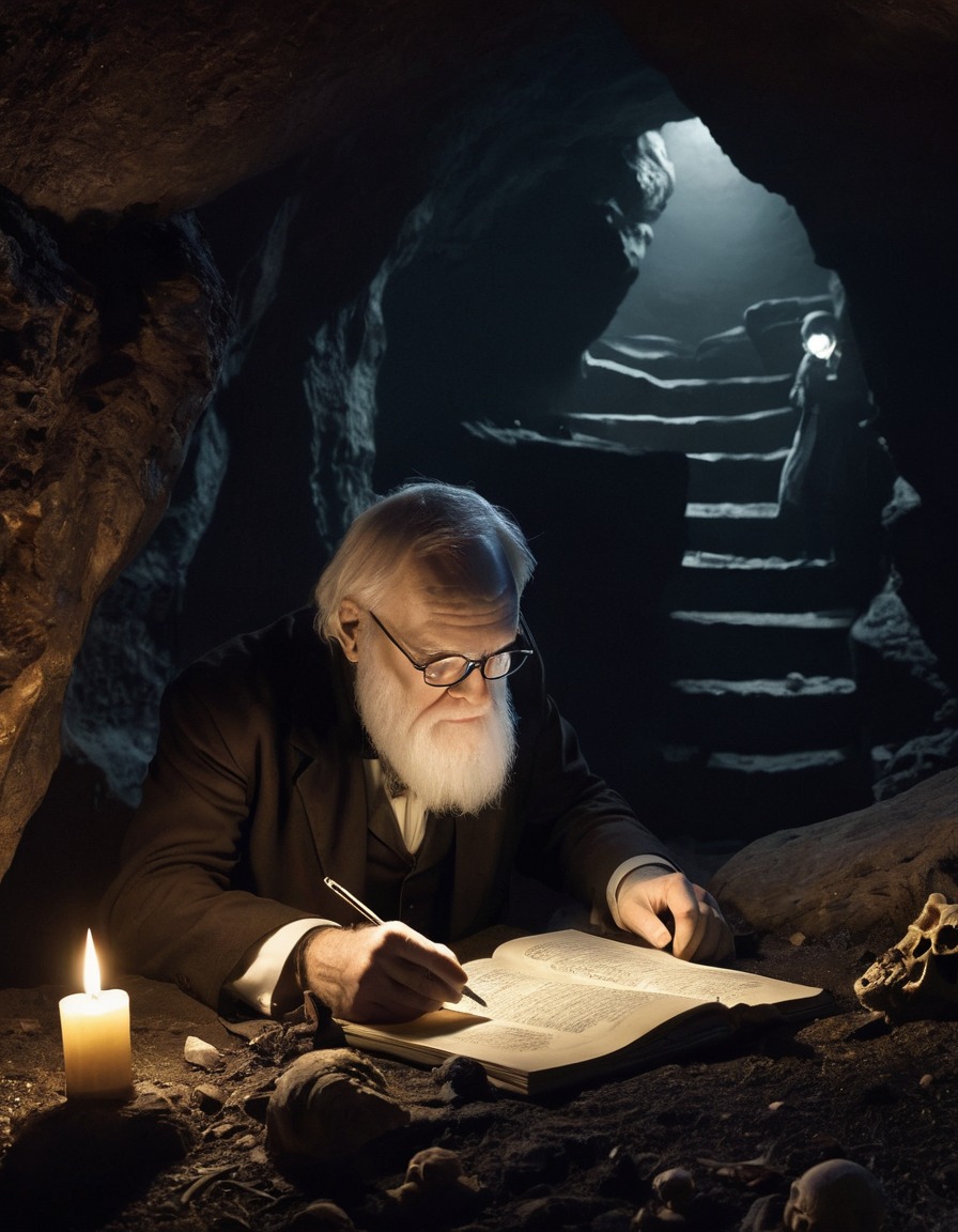 charles darwin, fossils, cave, candlelight, study