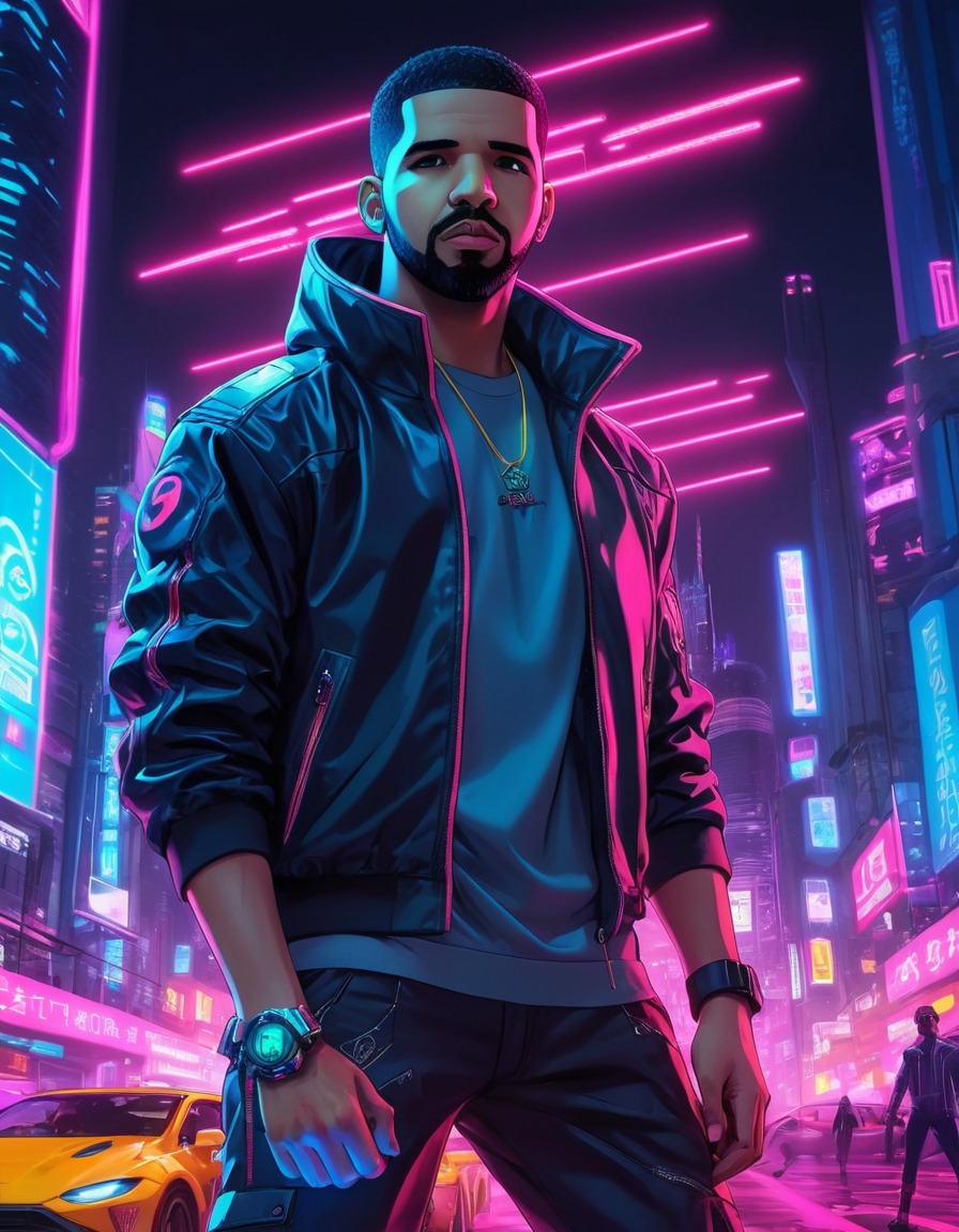 drake, anime, cyberpunk, futuristic, neon lights, high-tech gadgets