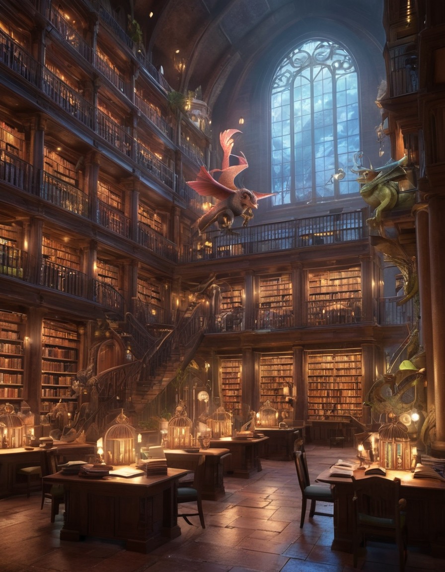 fantasy, library, fictional creatures, magical, urban fantasy, big city, literature