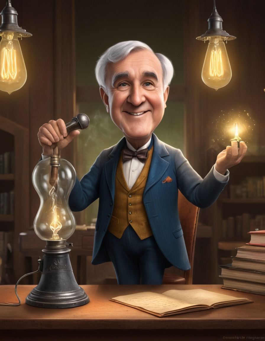 caricature, humor, thomas edison, inventor, exaggeration, comical, expression, funny