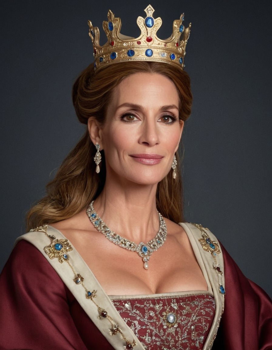 julia roberts, portrait, medieval queen, crown, regal attire