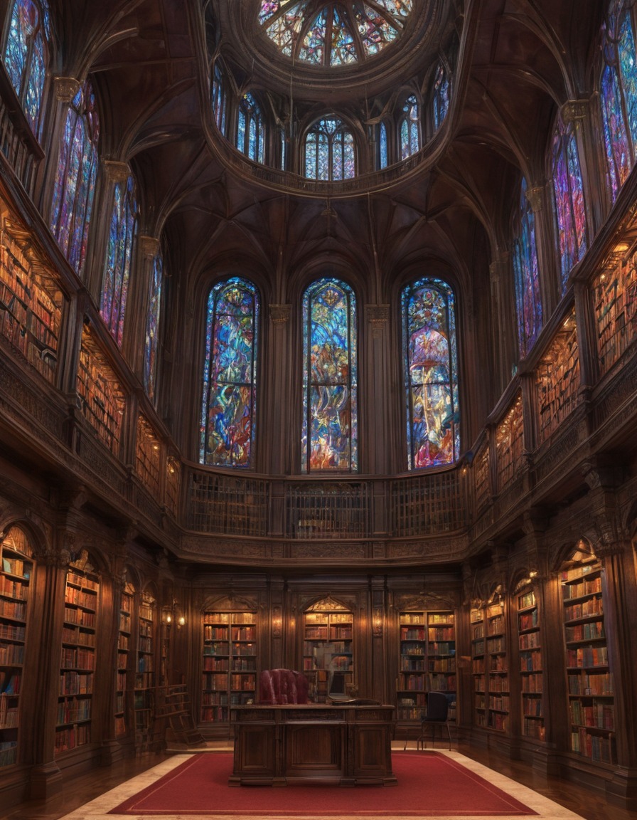 library, ornate, bookshelves, stained glass windows, grandeur