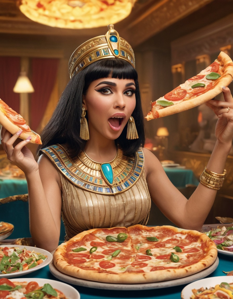 cleopatra, pizza, comical, food, sketch, fat