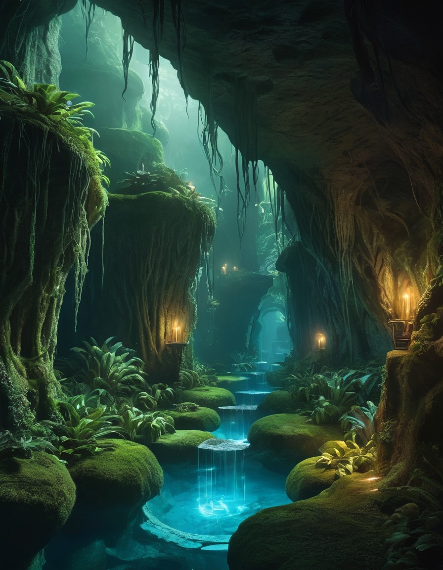 cave, bioluminescent plants, labyrinth, mysterious creatures, fantastic