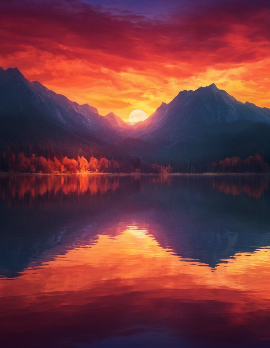 sunset, lake, reflection, vibrant colors, serene