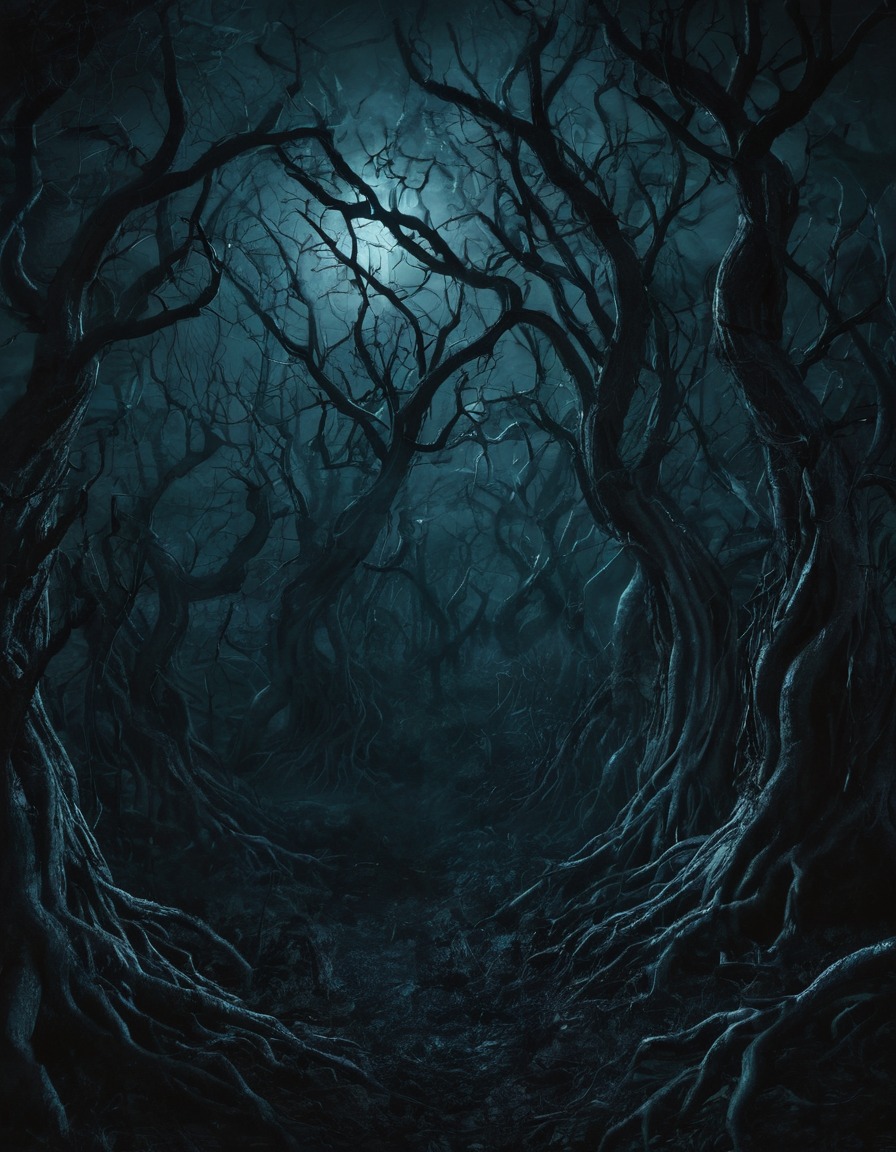 spooky, forest, twisted branches, glowing eyes, gothic, underground, dark