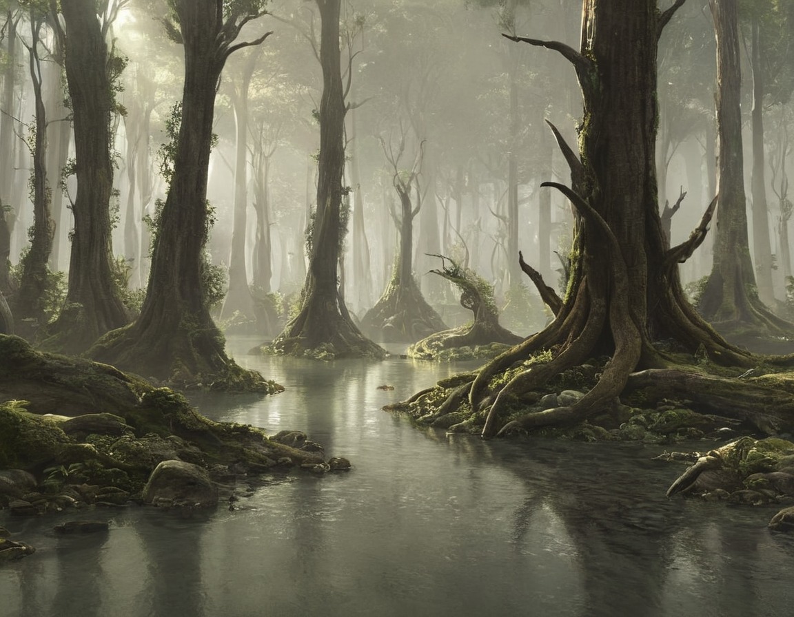 forest, fog, dreamup, digitalart, horror, deadtrees, swamp, dailychallenge, ai_art